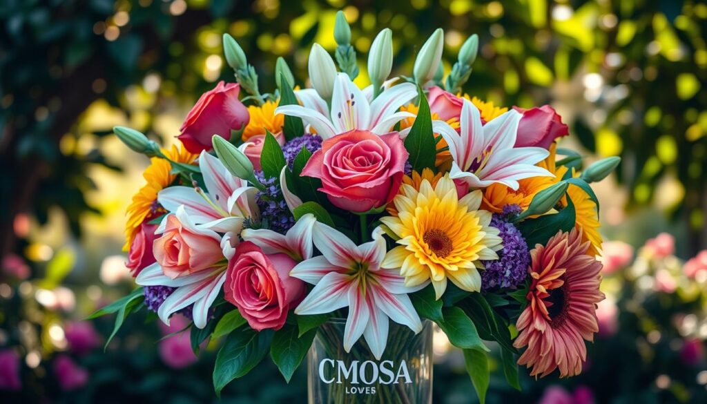 ช่อดอกไม้หลายสีในถุงกระดาษ CMOSA ลิลลี่ กุหลาบ และเยอบีร่าเหลือง พร้อมส่งให้ผู้รับในวันเกิด