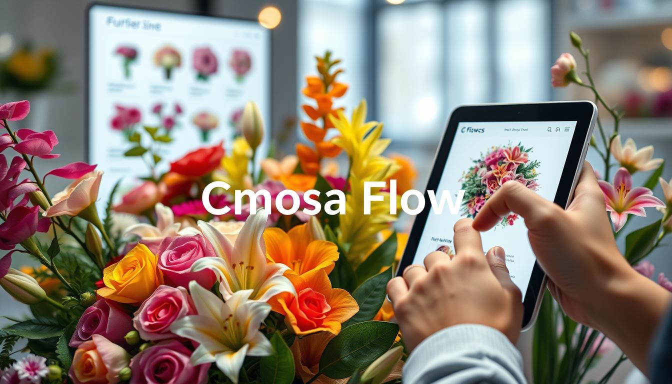 ลูกค้าเลือกช่อดอกไม้บนแท็บเล็ตเพื่อสั่งดอกไม้ปากคลองตลาดออนไลน์กับ Cmosa Flower
