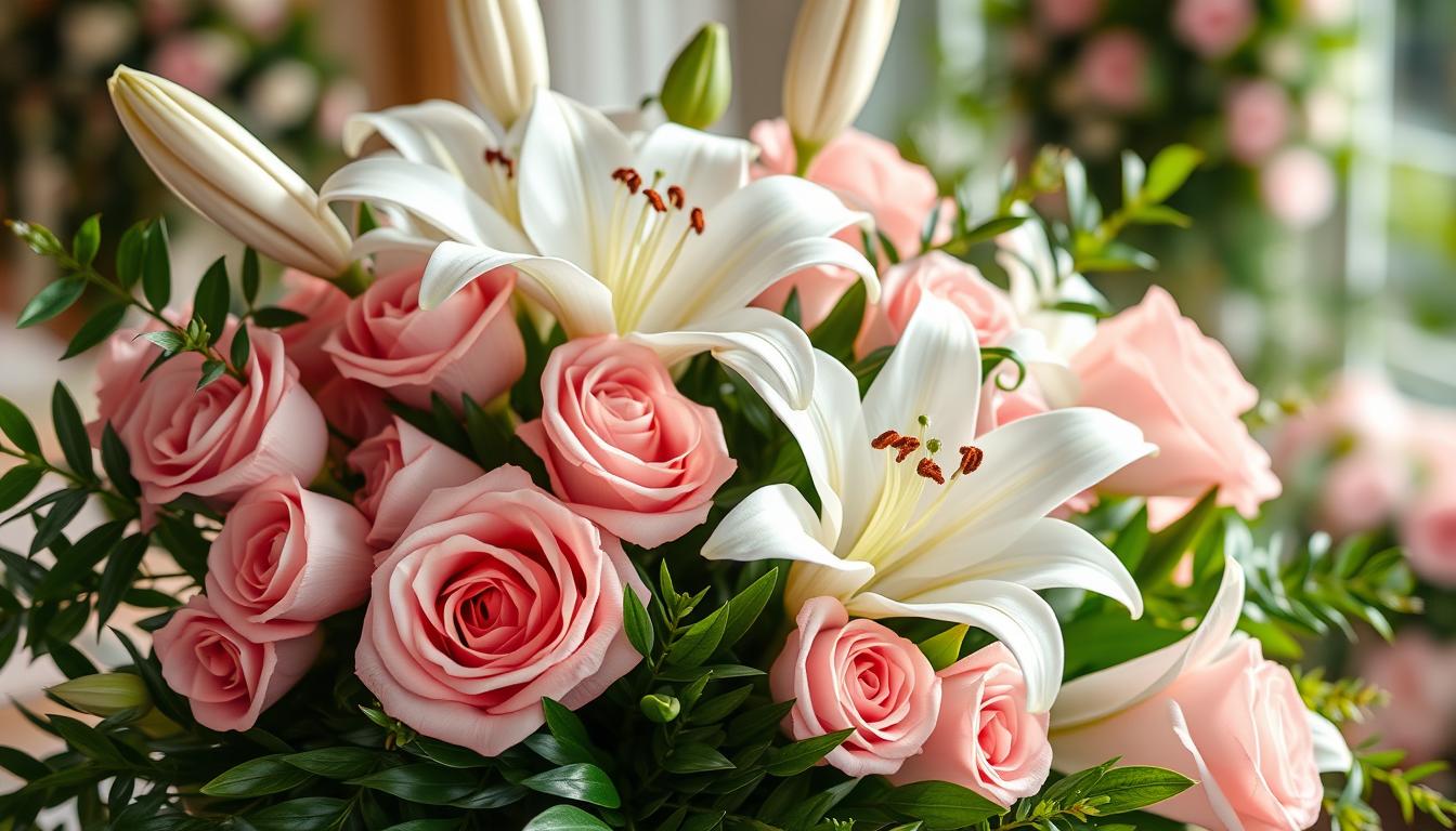 ดอกลิลลี่ขาวจัดคู่กุหลาบชมพู ช่อโรแมนติกอ่อนหวาน